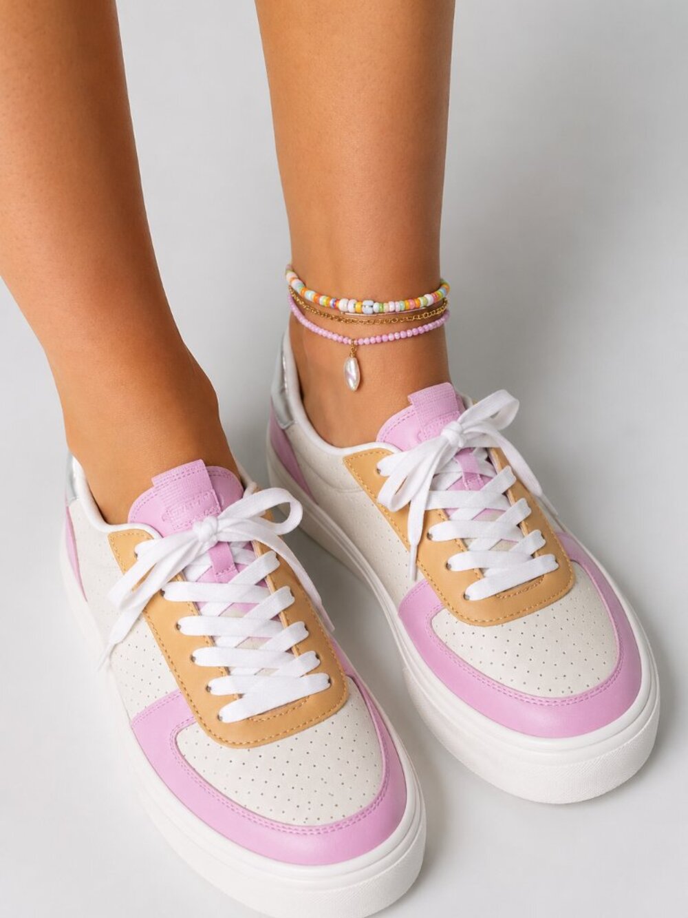 JSlides Platform Sneaker Pink White Neutral Tan Leather Trainer Size 8 NWT